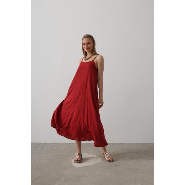 Askılı Uzun Çan Elbise - Bordo