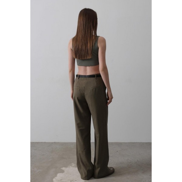 Kemerli Palazzo Pantolon - Haki-Beyaz