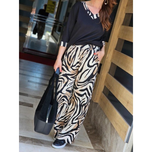 Kadın Kumaş V Yaka Dirsek Kol Zebra Desenli Ikili Takım