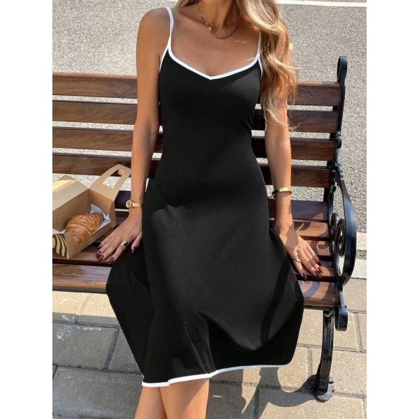 Kadın Ip Askılı Geniş V Yakalı Midi Janjan Krep Elbise