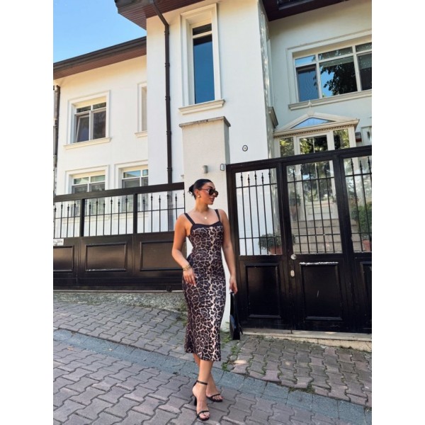 Kadın Dalgıç Kumaş Dijital Leopar Baskılı Midi Boy Elbise