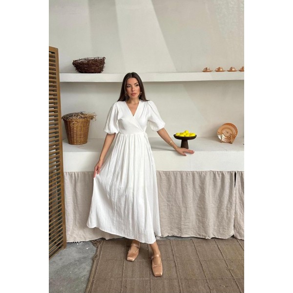 Ekru Müslin Uzun Elbise