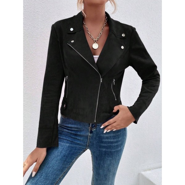 Kadın Uzun Kollu Yakalı önden Fermuarlı Kısa Süet Ceket