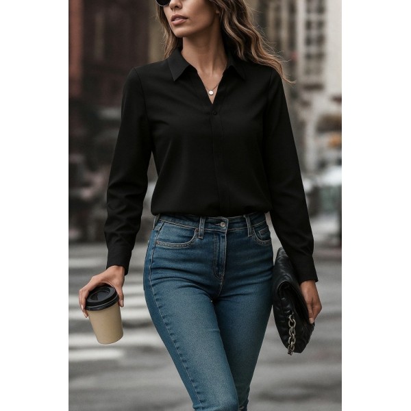 Kadın Uzun Kollu Yakalı Trikoton Gömlek