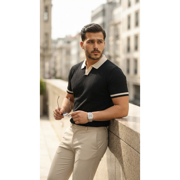 Erkek Renkli Yakalı File Desenli Kısa Kollu Tişört