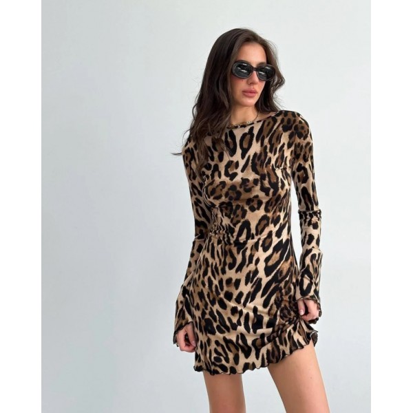 Kadın Uzun Kollu Sırtı Açık Bağlamalı Leopar Desenli Kısa Dalgıç Elbise