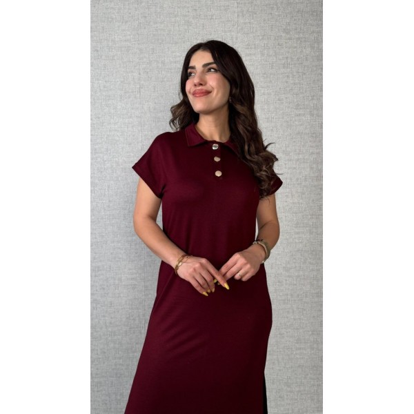 Kadın Kısa Kollu Yakalı Yandan Yırtmaçlı Viskon Iki Iplik Elbise