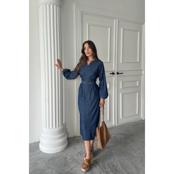 Mavi Tencel Uzun Kollu Elbise