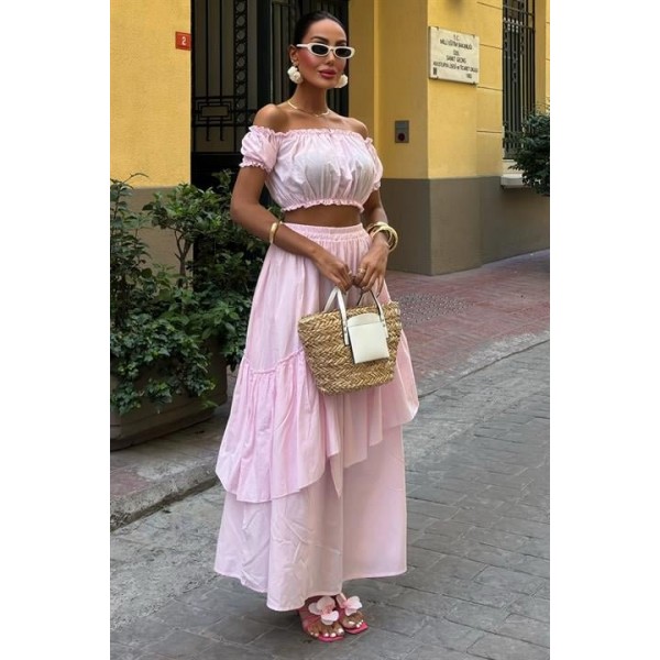 Büzgülü Crop Kat Detaylı Fırfır Etekli Takım 10196