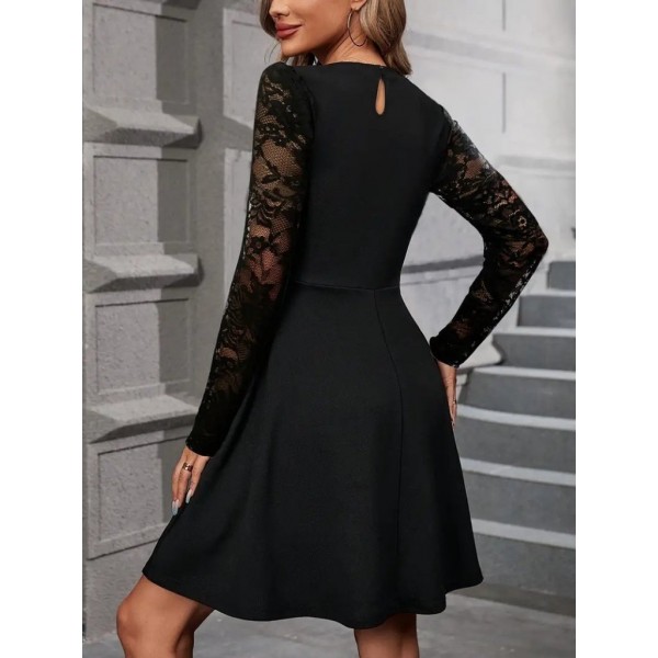 Kadın Uzun Kollu Balıkçı Yaka Dantelli Ithal Krep Kısa Kiloş Elbise