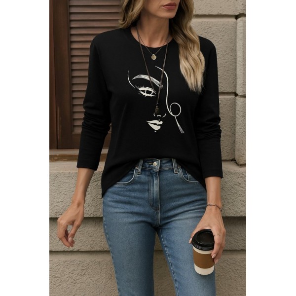 Kadın Uzun Kollu Bisiklet Yaka Yüz Desenli Viskon Bluz