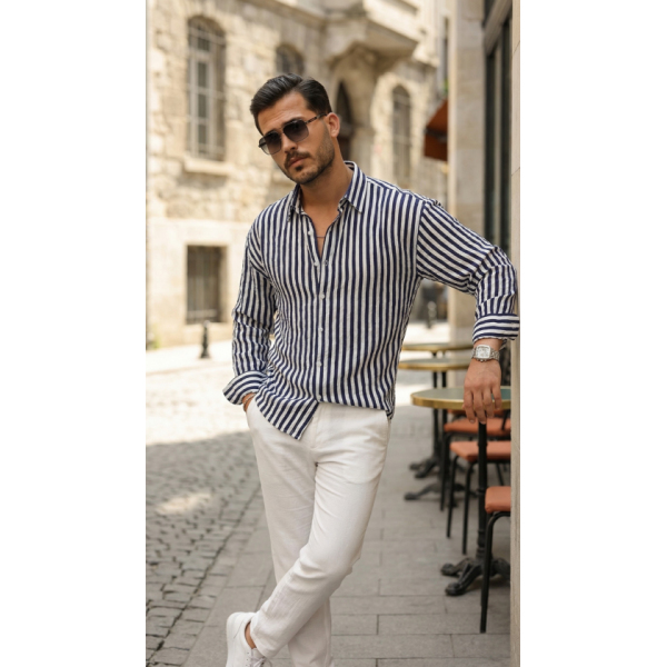 Erkek Dikey Çizgili Yarım Oversize Gömlek