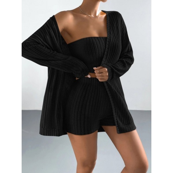 Kadın Uzun Kollu önü Açık şardonlu Kaşkorse Ceket Büstiyer Ve Short üçlü Takım