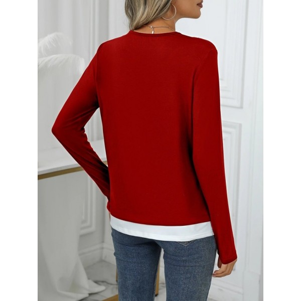 Kadın Uzun Kollu V Yakalı çift Renkli Viskon Iki Iplik Bluz