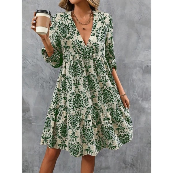 Kadın Uzun Kollu V Yakalı Fırfırlı Mini Süprem Elbise