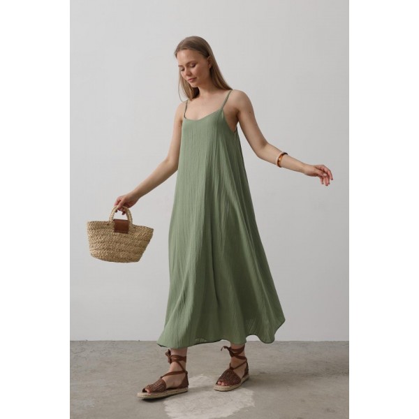 Askılı Uzun Çan Elbise - Haki