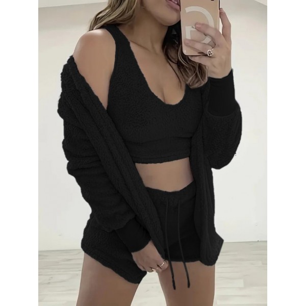 Kadın Uzun Kollu Ceket, Askılı Peluş Bluz Ve şort üçlü Takım