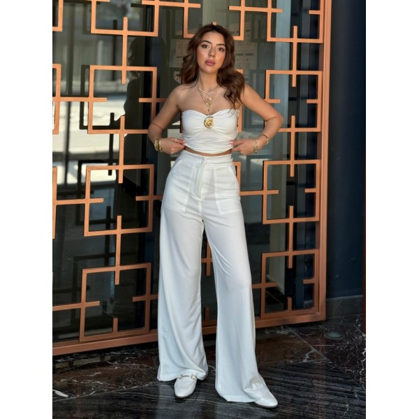 Kadın Yüksek Bel Geniş Paça Detaylı Cepli Ithal Krep Pantolon