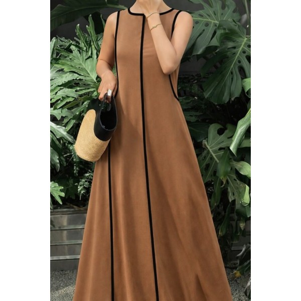 Kadın Omuzlardan Açık Yaka Ince şerit Detaylı Uzun Viskon Elbise