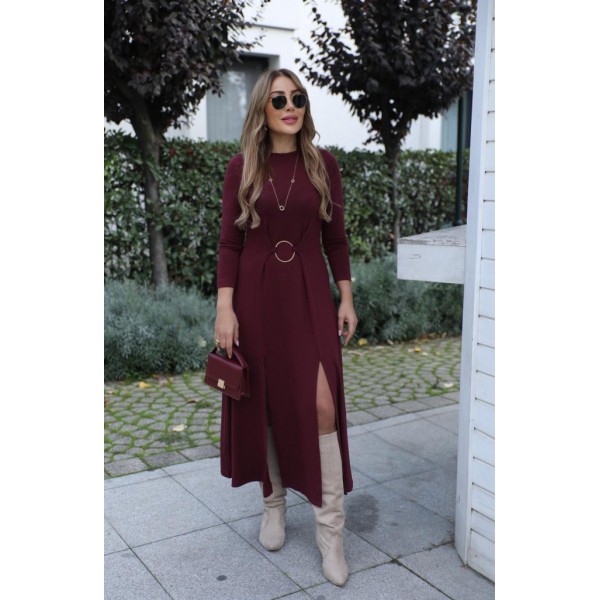 Kadın Uzun Kollu Bisiklet Yaka önden Halka Detaylı Yırtmaçlı Uzun Viskon Iki Iplik Elbise