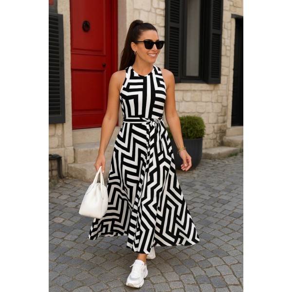 Kadın Ayarlanabilir Askılı Geometrik Desen Kuşaklı Gipeli Süprem Elbise