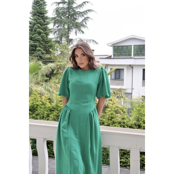 Yeşil Arkadan Bağlamalı Büzgülü Keten Elbise