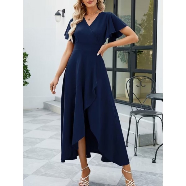 Kadın Kısa Kollu Kruvaze Yakalı ön Asimetrik Volanlı Uzun Ithal Krep Elbise