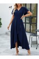 Kadın Kısa Kollu Kruvaze Yakalı ön Asimetrik Volanlı Uzun Ithal Krep Elbise