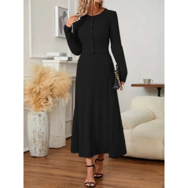 Kadın Uzun Kollu önden Düğmeli Bluz Ve Yüksek Bel A Kesim Uzun Etek şardonlu Kaşkorse Ikili Takım