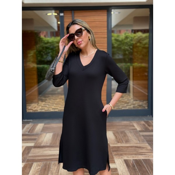 Kadın Uzun Kollu V Yakalı Yanlardan Yırtmaçlı Viskon Iki Iplik Midi Elbise