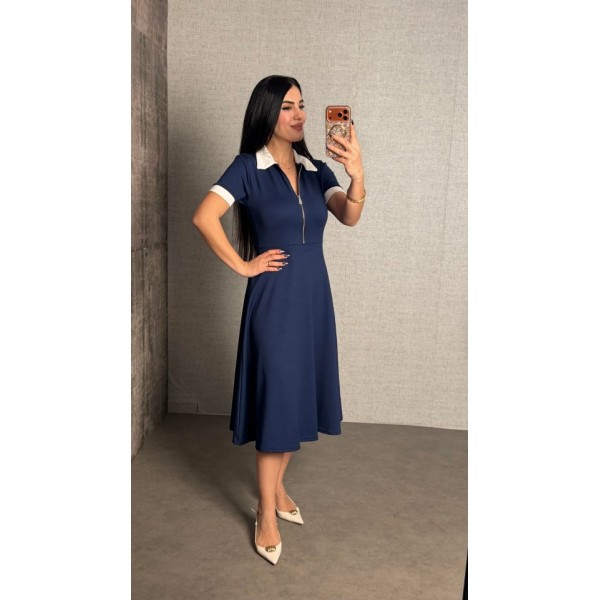 Kadın Polo Yaka Fermuar Detaylı Modal Midi Elbise