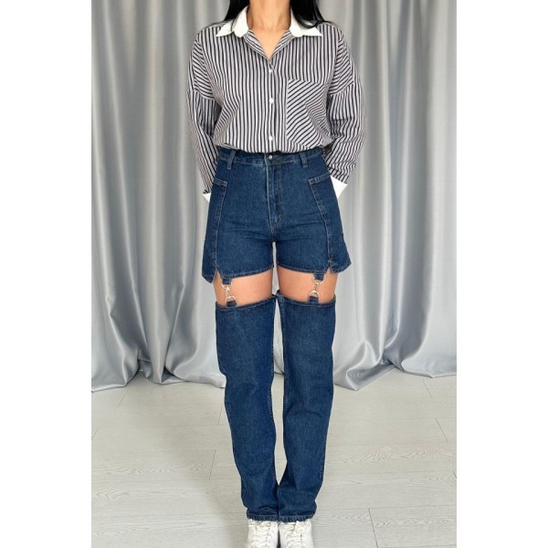 Mavi Askılı İki Parça Jeans Pantolon