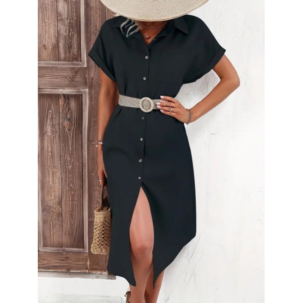 Kadın Kısa Kollu Yakalı Düğme Detay Midi Dokuma Elbise