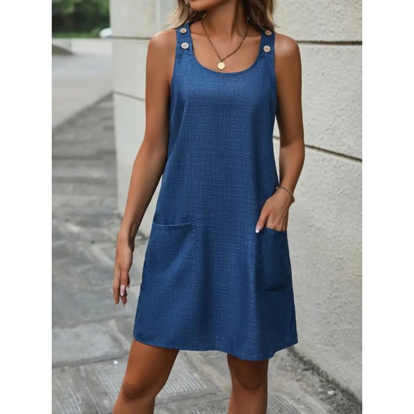 Kadın Askılı Omuzlardan Düğmeli Yuvarlak Yaka Cepli Keten Elbise