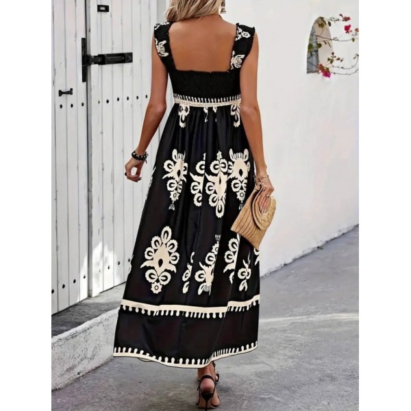 Kadın Askılı Kare Yaka Gipe Detaylı Desenli Suprem Elbise