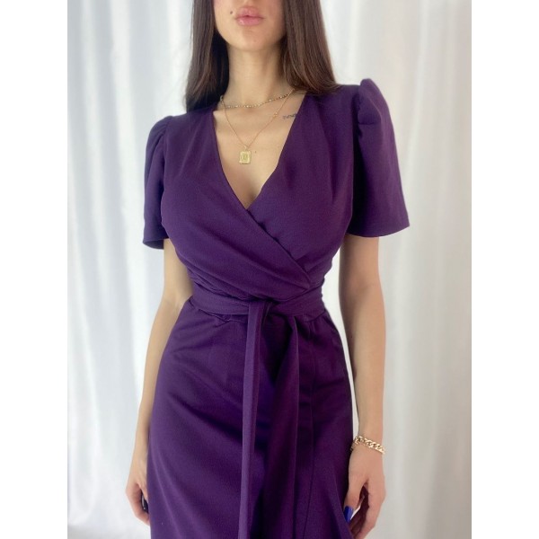 Kadın Kruvaze Yaka Midi Boy Kuşaklı Krep Elbise 120 Cm