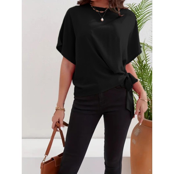 Kadın Kısa Kollu Bisiklet Yaka Yandan Bağlamalı Aerobin Bluz