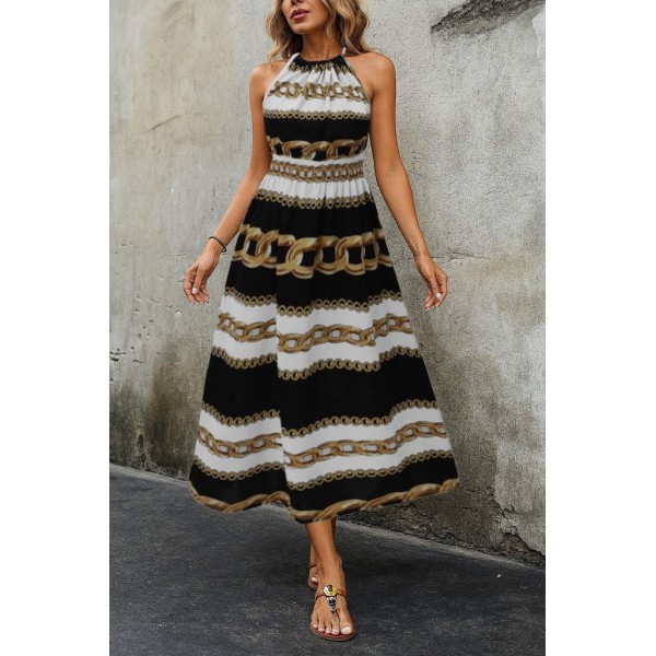 Kadın Kolsuz Boyundan Bağlamalı Beli Lastikli Dijital Baskı Süprem Uzun Elbise