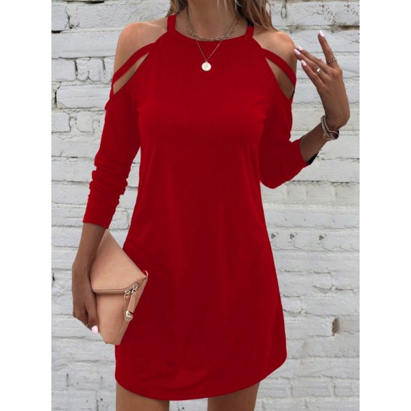 Kadın Uzun Kollu Omuz Açık Askı Detay Viskon Mini Boy Elbise