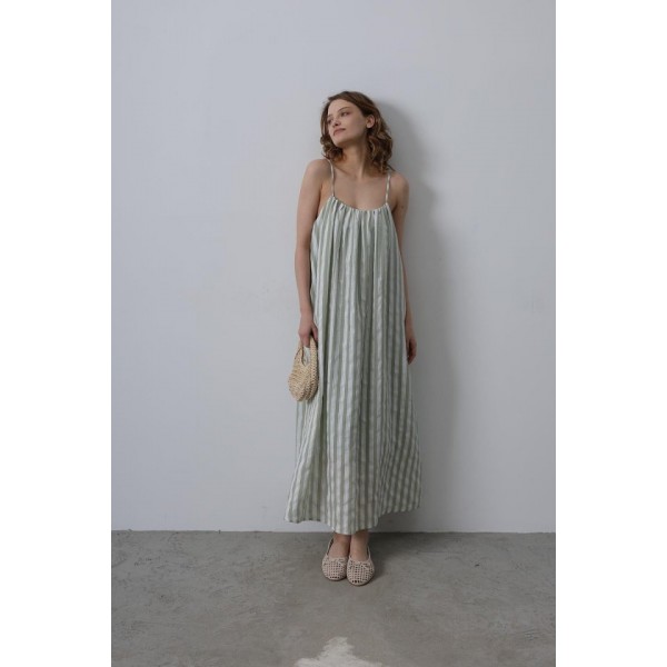 Askılı Çizgi Desen Elbise - Haki