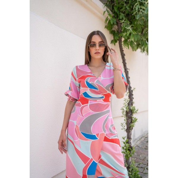 Fuşya Desenli Yırtmaçlı Elbise