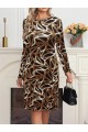 Kadın Uzun Kollu Bisiklet Yaka Desenli Dalgıç Kısa Elbise