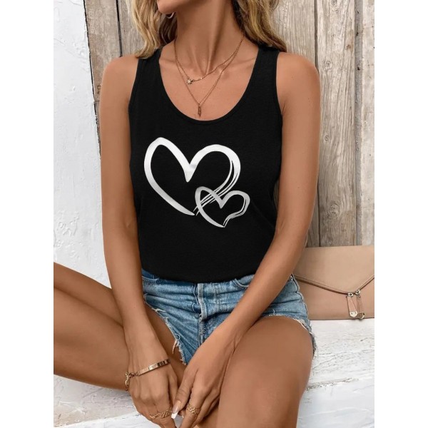 Kadın Askılı Yuvarlak Yaka Kalp Baskılı Viskon Bluz