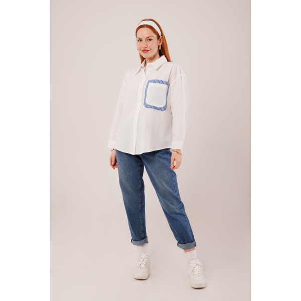 Çizgili Cep Detaylı Beyaz Gömlek