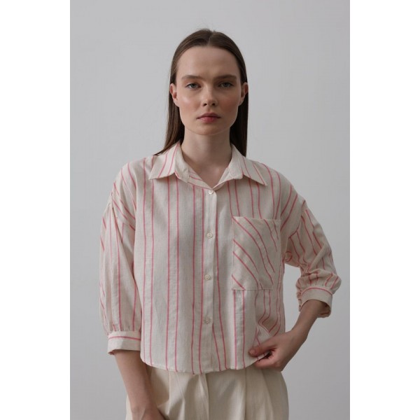 Çizgili Kısa Gömlek - Bej Pembe