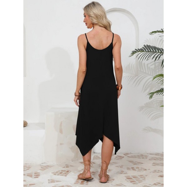 Kadın Ip Askılı Yuvarlak Yakalı Asimetrik Kesim Viskon Elbise