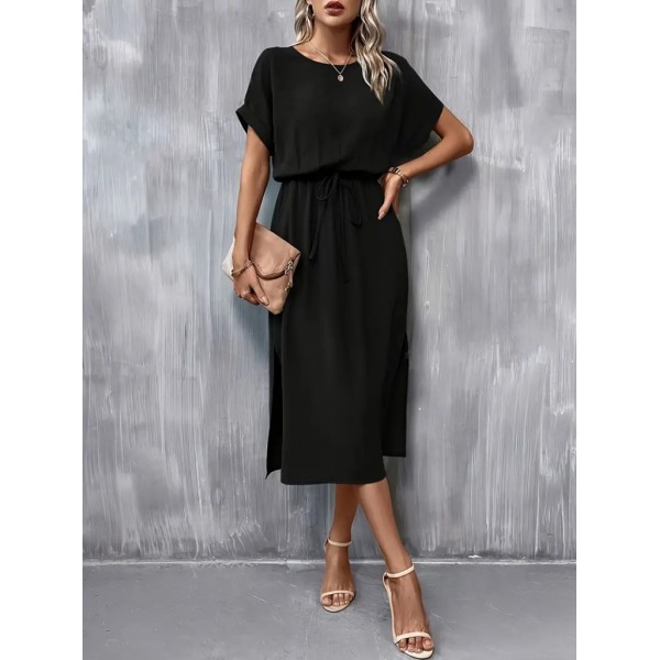 Kadın Kısa Kollu Yakası Açık Belden Bağlamalı Yırtmaçlı Viskon Elbise