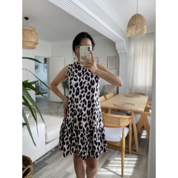 Kadın Kolsuz Sırttan Bağlamalı Fırfırlı Leopar Desenli Süprem Elbise