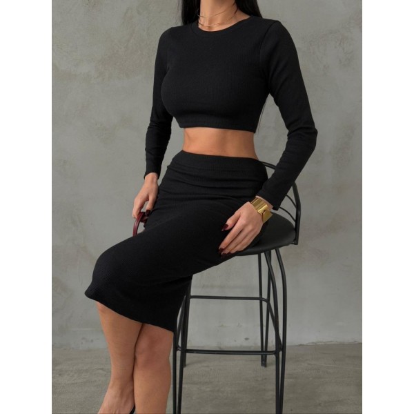 Kadın Uzun Kollu Bisiklet Yaka Crop Ve Midi Boy Kaşkorse Kumaş Etek Ikili Takım