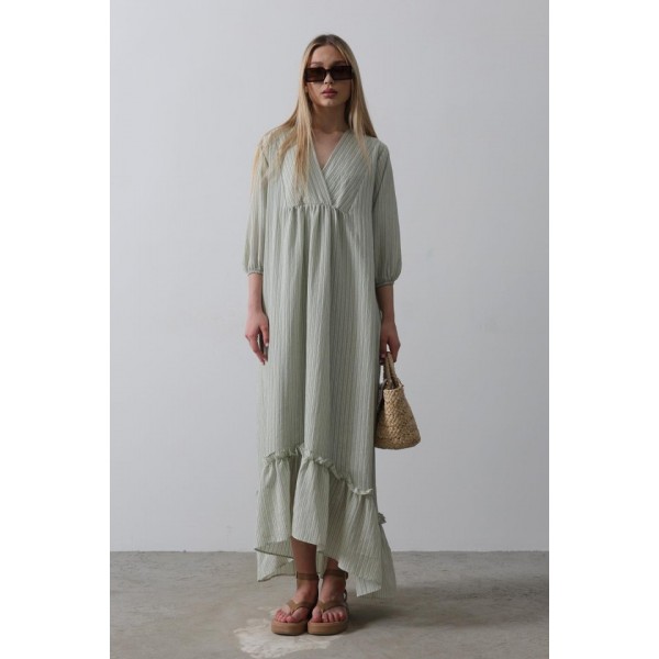 Çizgili Oversize V Yaka Elbise - Haki